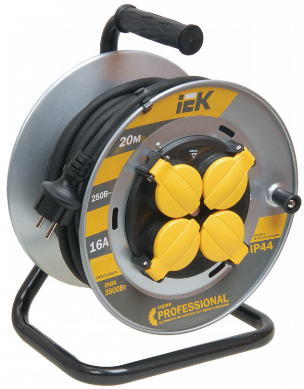 Катушка УК20 на мет с т/з 4места 2Р+РЕ/20м кг 3*1,5мм2 IP44 Professional (IEK)