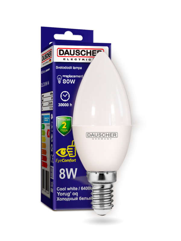 Лампа светоизлучающая диодная (LED) C35 8W E14 6500K DAUSCHER